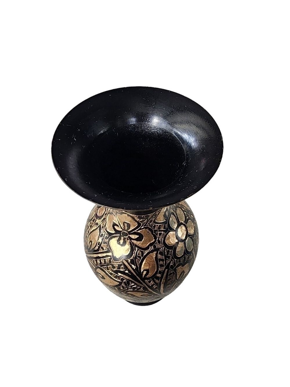 Vintage Indian Brass bud vase etched gold black floral design - Picture 10 of 15